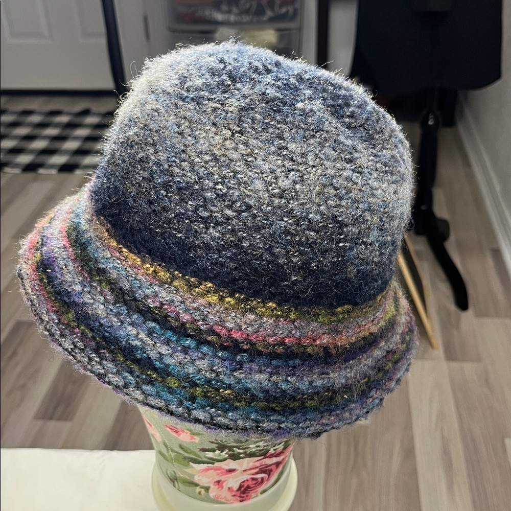 Vintage Four Buttons Blue and Multicolor Wool Blend Bucket Hat Pom Pom accent - Picture 7 of 8